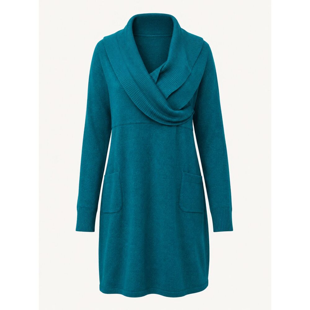 Athleta Teal Sweater Dress 2X Cowl Neck Tunic Organic Cotton Wool Pockets